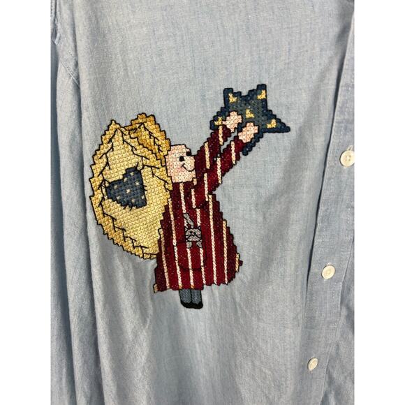 L.L. Bean 90s Embroidered Angel Celestial Denim Jean Shirt Blouse 2X Womens - Picture 2 of 7